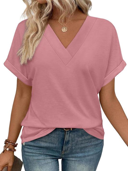 Women's Summer V Neck Short Sleeve Basic T Shirt (Buy 3 Free Shipping)