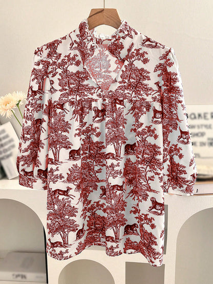 Women's V-neck Ruffle Collar Printed Shirts (Buy 2 Free Shipping)