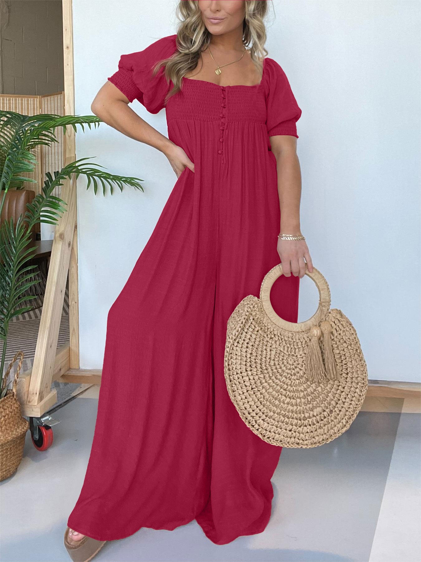 Women's Square Neckline Jumpsuit with Smocked Bodice Button (Buy 2 Free Shipping)