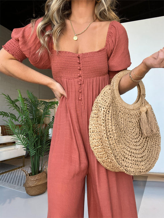 Women's Square Neckline Jumpsuit with Smocked Bodice Button (Buy 2 Free Shipping)