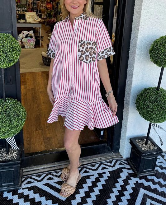 Women's Striped Animal Print Contrast Button Down Dress (Buy 2 Free Shipping)