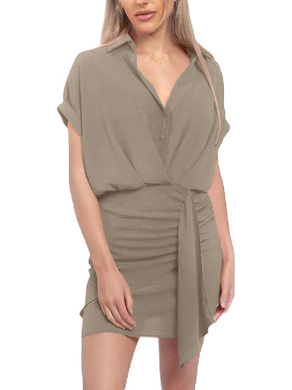 Women's V Neck Shirt Wrap Dress with Ruched Detail (Buy 2 Free Shipping)