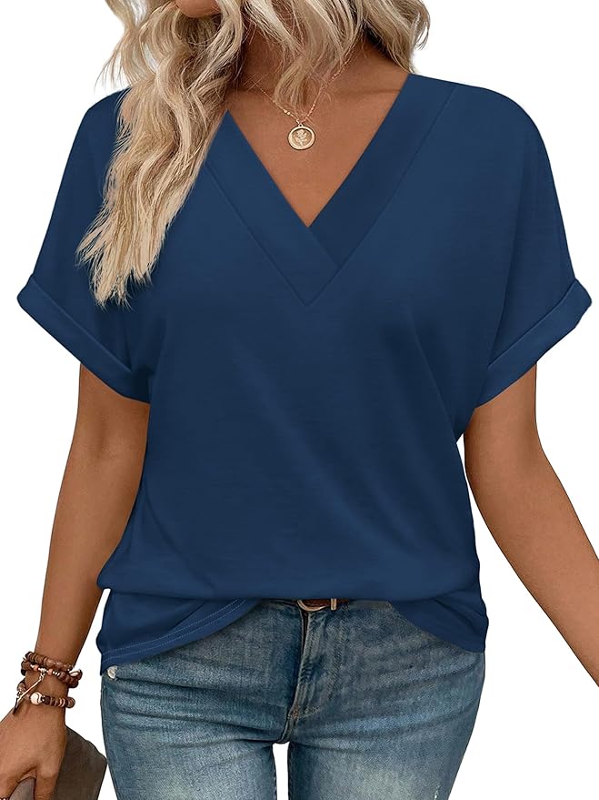 Women's Summer V Neck Short Sleeve Basic T Shirt (Buy 3 Free Shipping)