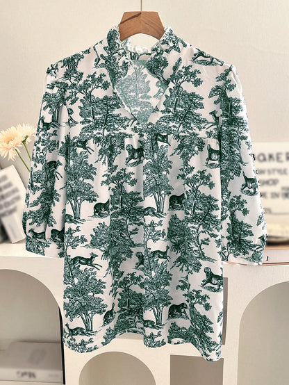 Women's V-neck Ruffle Collar Printed Shirts (Buy 2 Free Shipping)