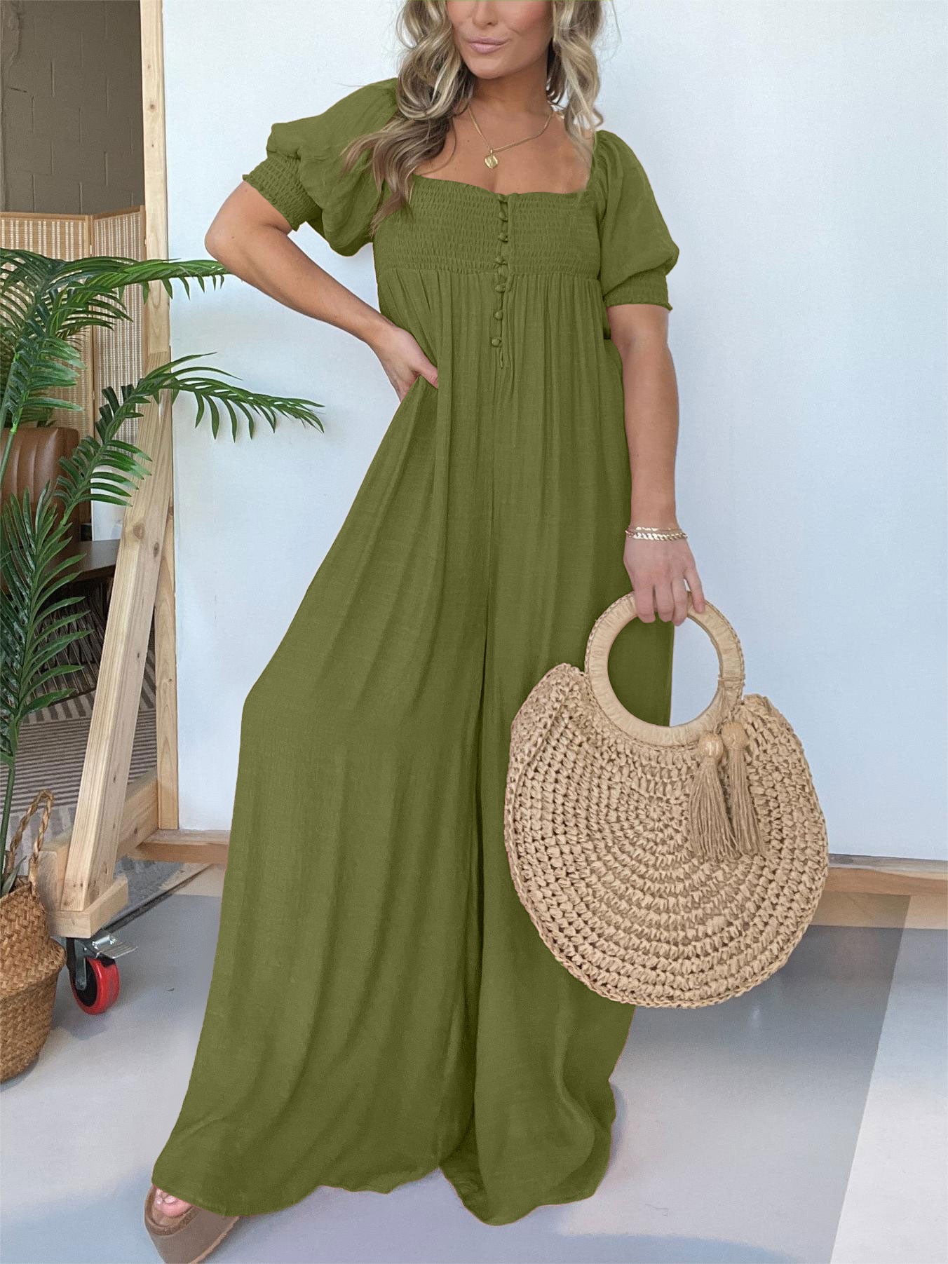 Women's Square Neckline Jumpsuit with Smocked Bodice Button (Buy 2 Free Shipping)