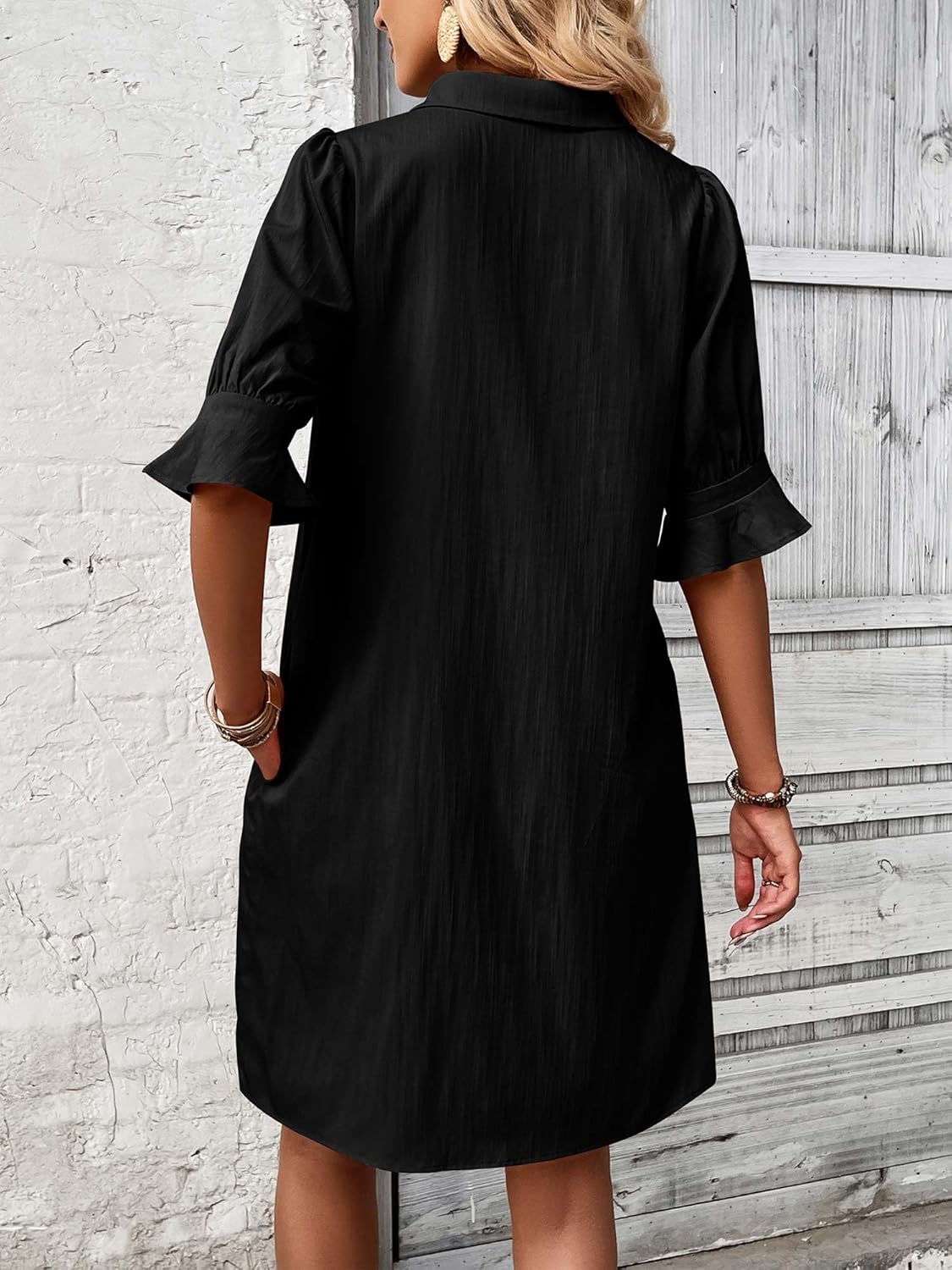 Women's Solid Ruffle Sleeve Button Down Shirt Dress (Buy 2 Free Shipping)