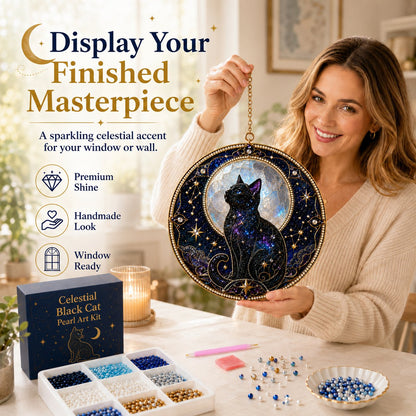 Premium 3D Pearl Celestial Black Cat Window Hanging Kit | DIY Handmade Moonlight Suncatcher Decor