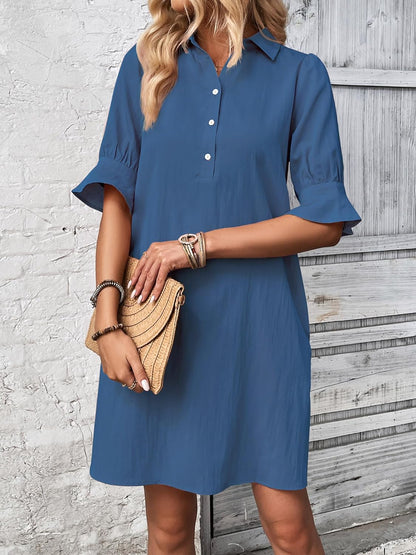 Women's Solid Ruffle Sleeve Button Down Shirt Dress (Buy 2 Free Shipping)
