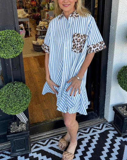 Women's Striped Animal Print Contrast Button Down Dress (Buy 2 Free Shipping)