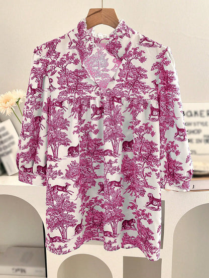 Women's V-neck Ruffle Collar Printed Shirts (Buy 2 Free Shipping)