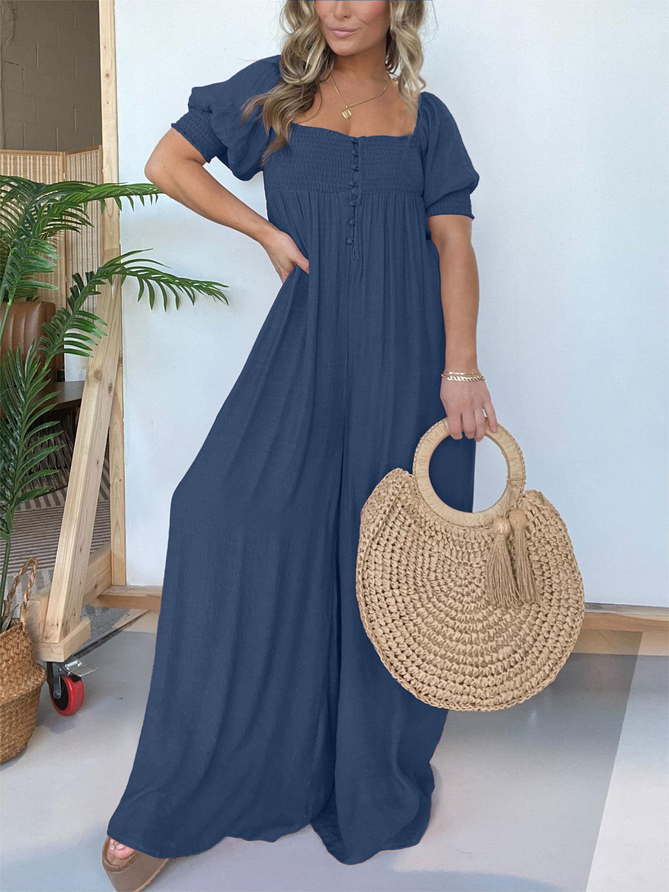 Women's Square Neckline Jumpsuit with Smocked Bodice Button (Buy 2 Free Shipping)