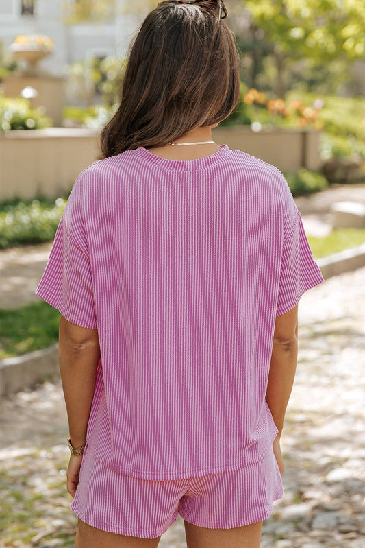Women's Crew Neck Ribbed Textured Shorts Set (Buy 2 Free Shipping)
