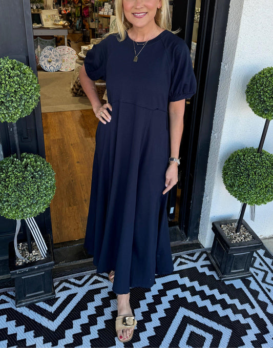Women's Solid Puff Sleeve Long Dress With Pockets (Buy 2 Free Shipping)