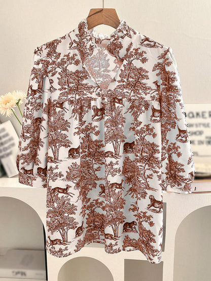 Women's V-neck Ruffle Collar Printed Shirts (Buy 2 Free Shipping)