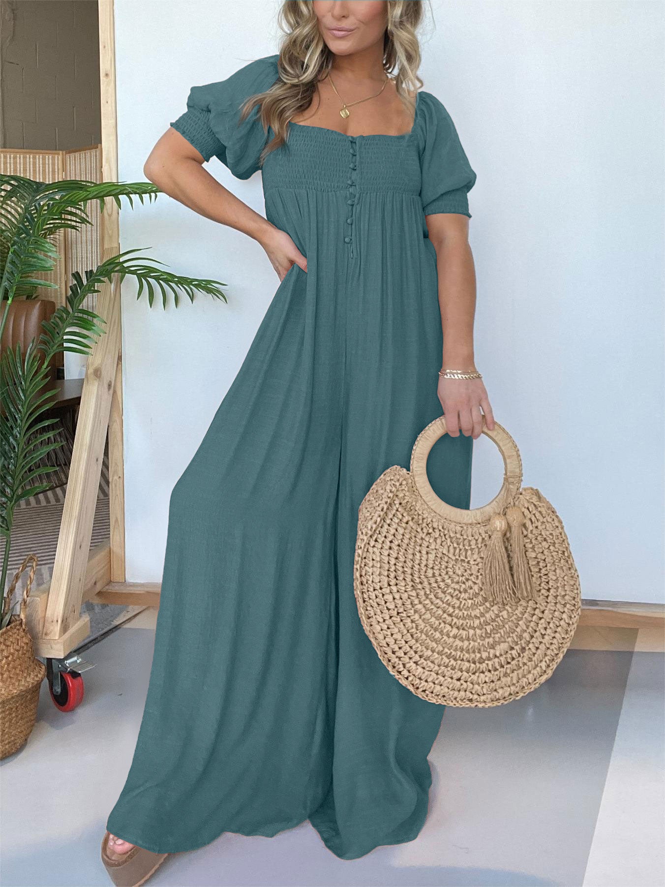 Women's Square Neckline Jumpsuit with Smocked Bodice Button (Buy 2 Free Shipping)