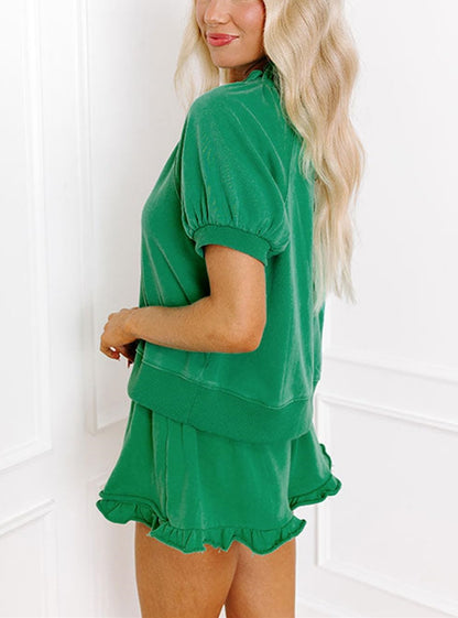 Women's Casual Half-zip Top and Ruffle Shorts Set (Buy 2 Free Shipping)