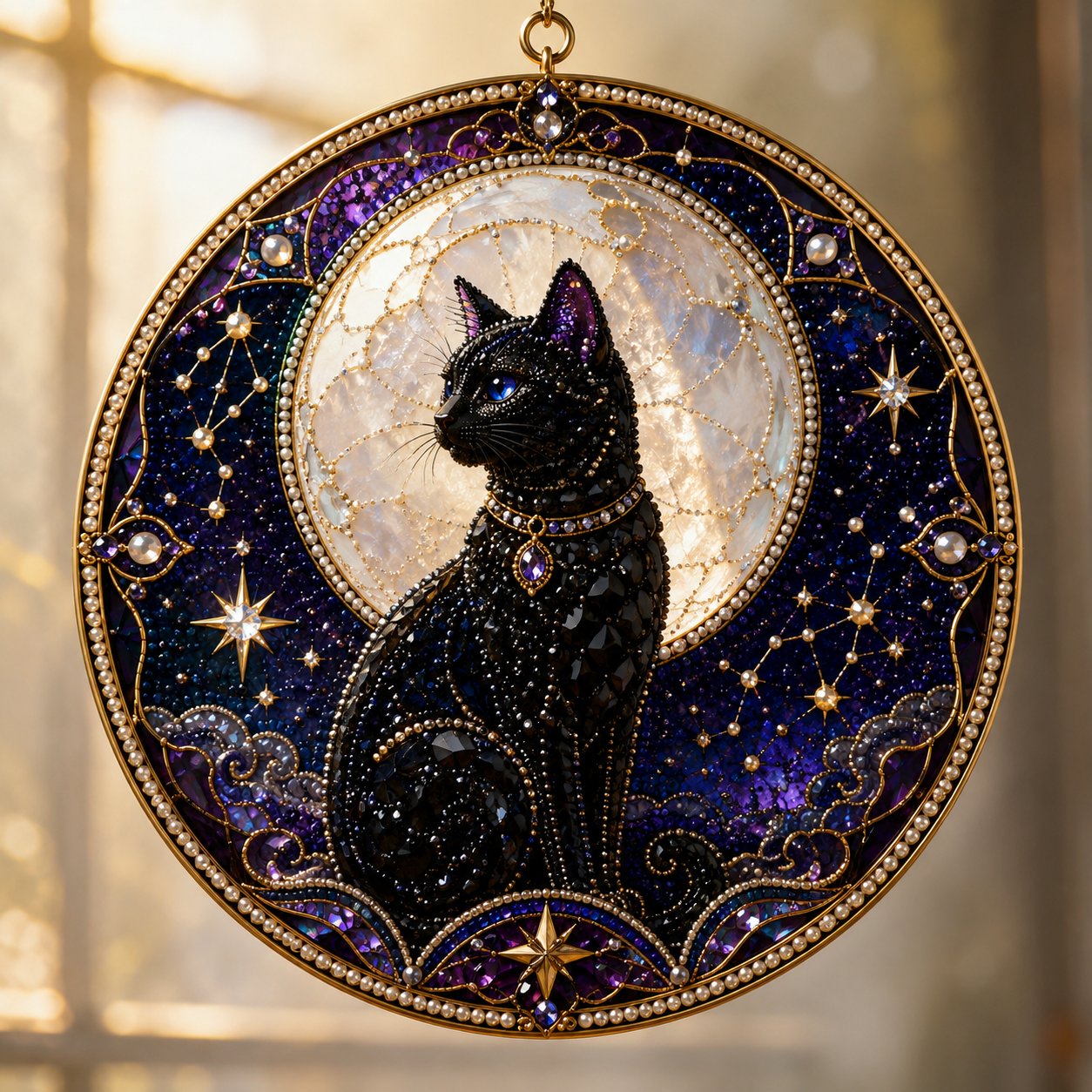 Premium 3D Pearl Celestial Black Cat Window Hanging Kit | DIY Handmade Moonlight Suncatcher Decor