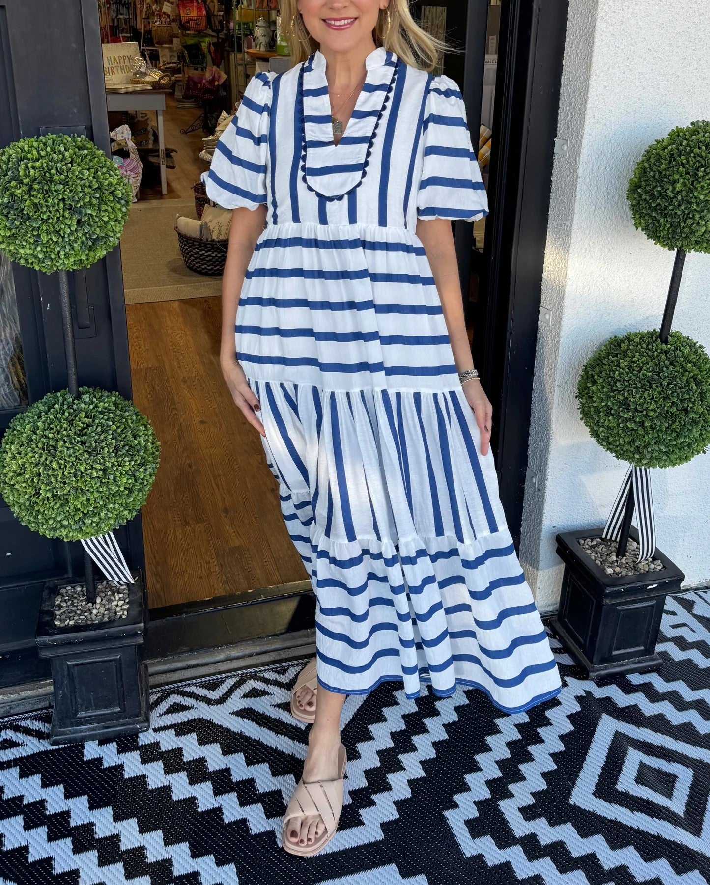 Women's Short Bubble Sleeve Striped Dress With Pockets (Buy 2 Free Shipping)