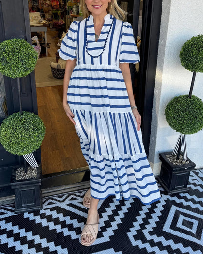 Women's Short Bubble Sleeve Striped Dress With Pockets (Buy 2 Free Shipping)