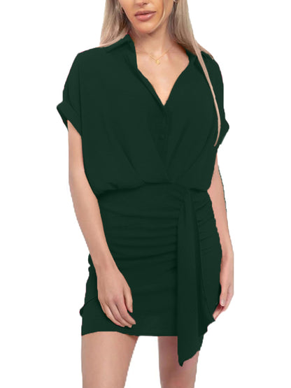 Women's V Neck Shirt Wrap Dress with Ruched Detail (Buy 2 Free Shipping)