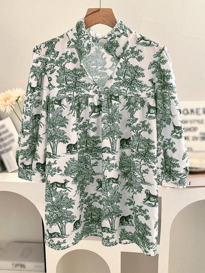 Women's V-neck Ruffle Collar Printed Shirts (Buy 2 Free Shipping)