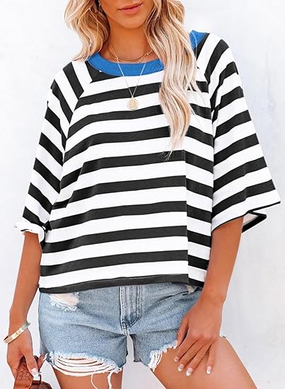 Women's Drop Shoulder Short Sleeve Striped Casual T-Shirts (Buy 3 Free Shipping)