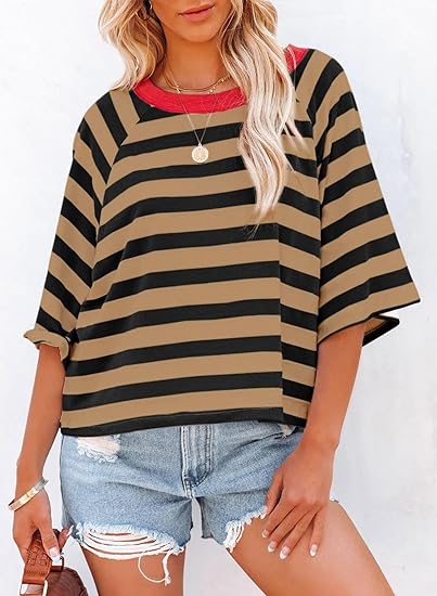 Women's Drop Shoulder Short Sleeve Striped Casual T-Shirts (Buy 3 Free Shipping)
