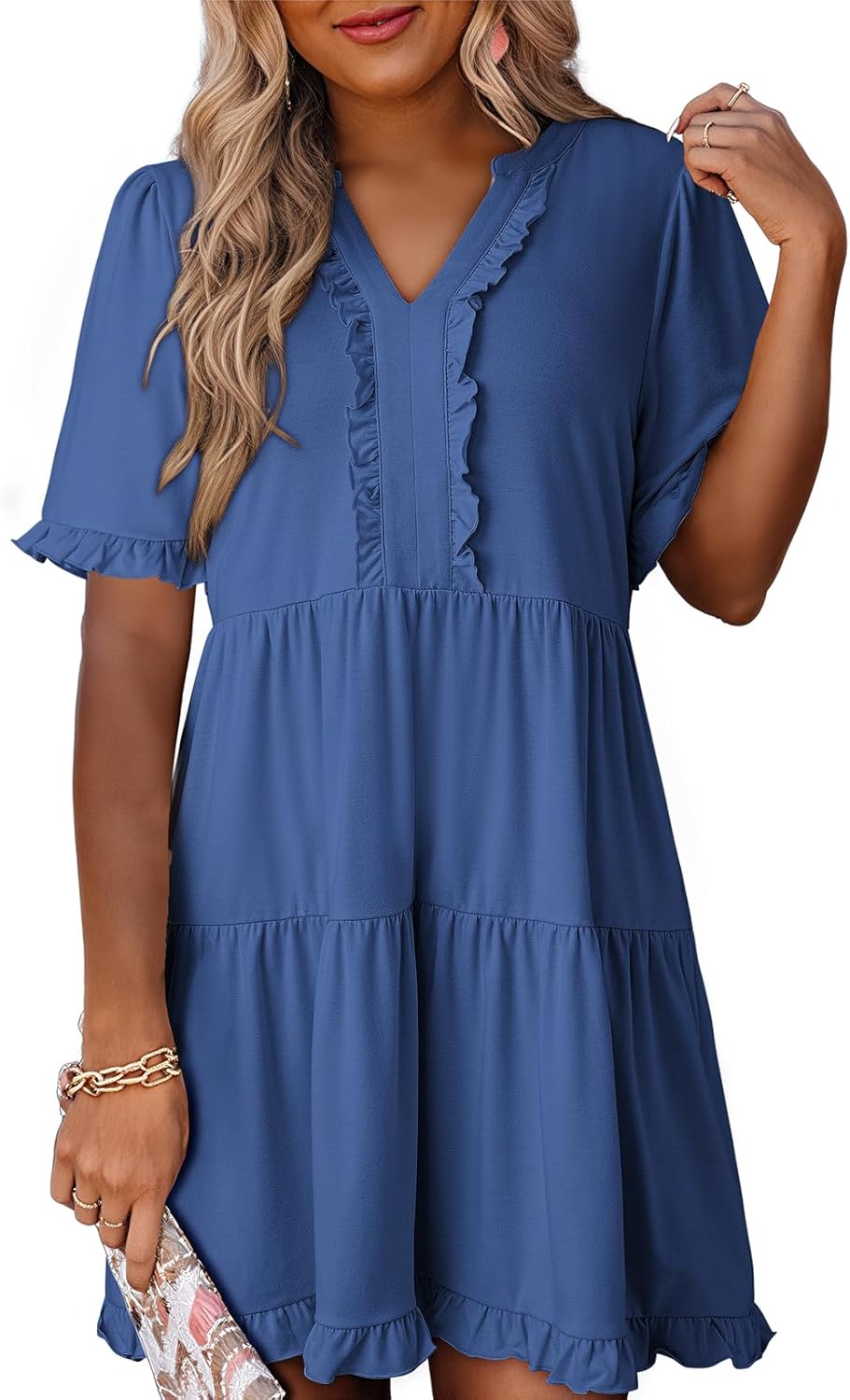 Women's V Neck Short Sleeve Casual A Line Flowy Swing Dress (Buy 2 Free Shipping)