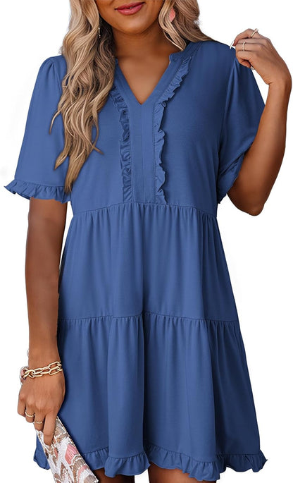 Women's V Neck Short Sleeve Casual A Line Flowy Swing Dress (Buy 2 Free Shipping)