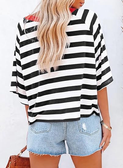 Women's Drop Shoulder Short Sleeve Striped Casual T-Shirts (Buy 3 Free Shipping)