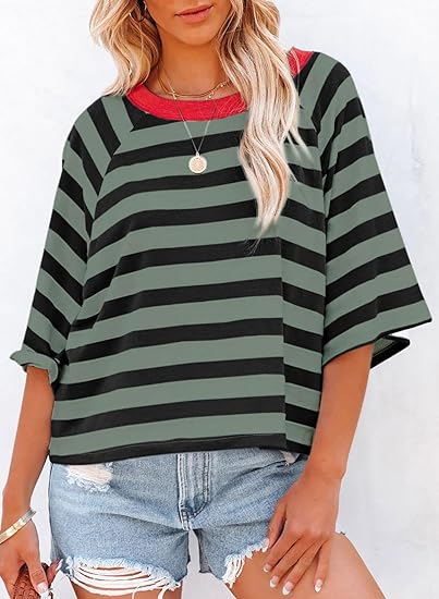 Women's Drop Shoulder Short Sleeve Striped Casual T-Shirts (Buy 3 Free Shipping)