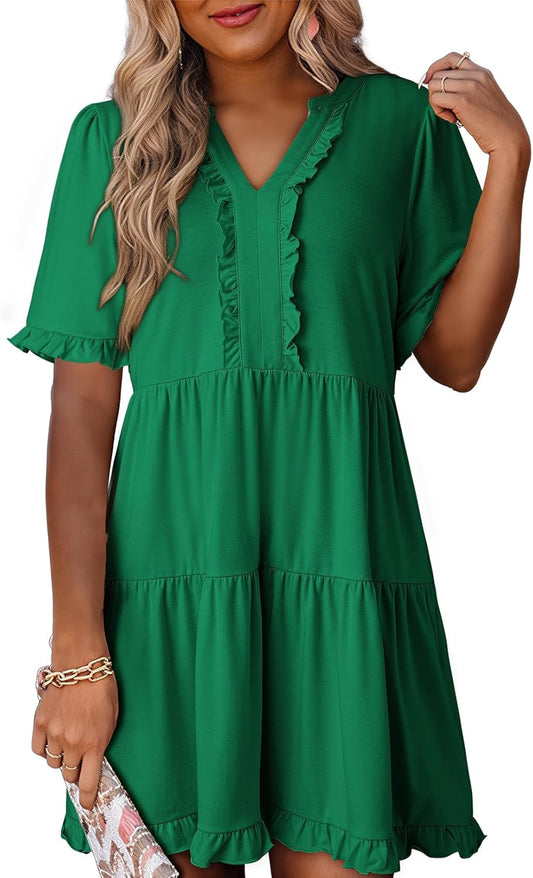 Women's V Neck Short Sleeve Casual A Line Flowy Swing Dress (Buy 2 Free Shipping)