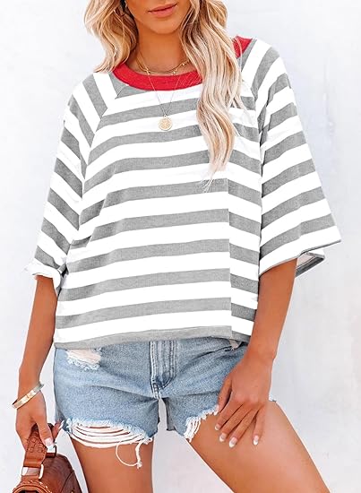 Women's Drop Shoulder Short Sleeve Striped Casual T-Shirts (Buy 3 Free Shipping)