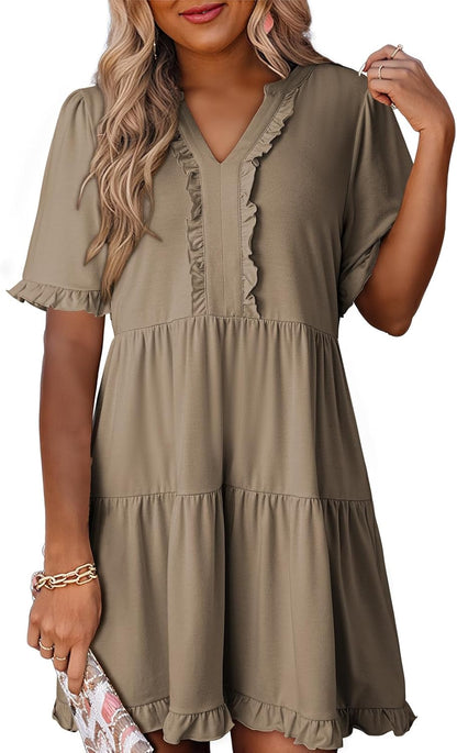 Women's V Neck Short Sleeve Casual A Line Flowy Swing Dress (Buy 2 Free Shipping)