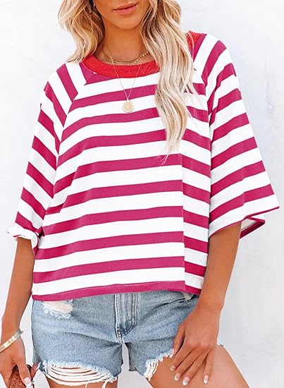Women's Drop Shoulder Short Sleeve Striped Casual T-Shirts (Buy 3 Free Shipping)