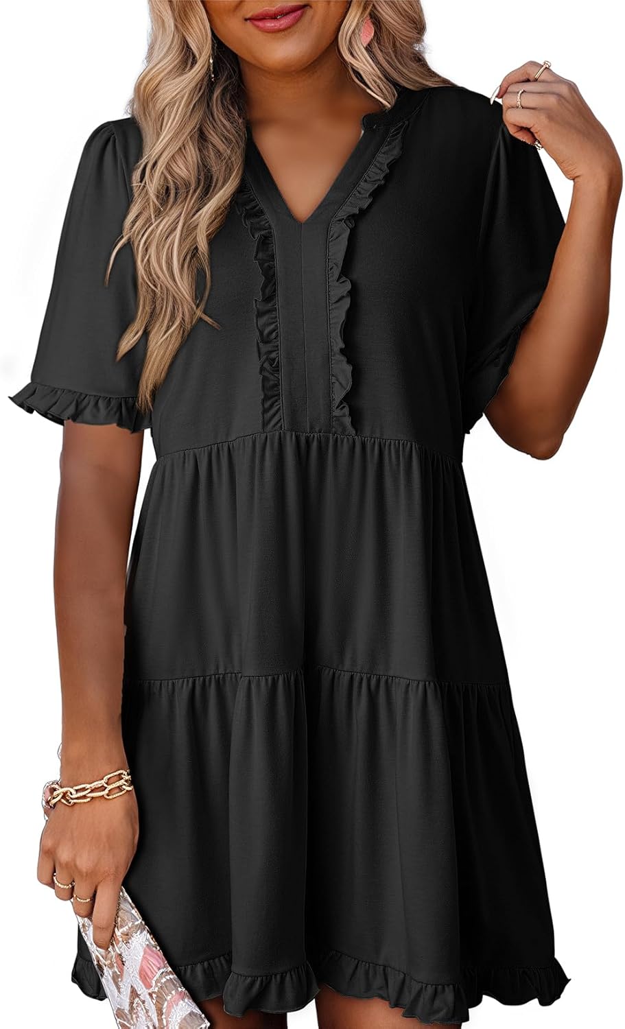Women's V Neck Short Sleeve Casual A Line Flowy Swing Dress (Buy 2 Free Shipping)
