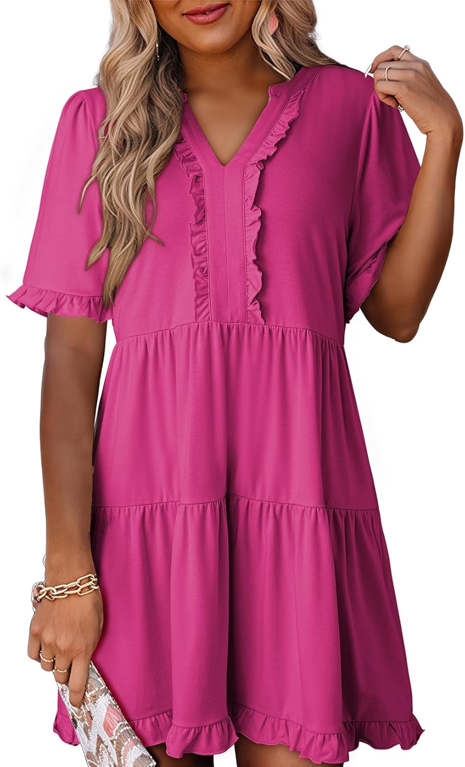 Women's V Neck Short Sleeve Casual A Line Flowy Swing Dress (Buy 2 Free Shipping)