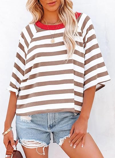 Women's Drop Shoulder Short Sleeve Striped Casual T-Shirts (Buy 3 Free Shipping)