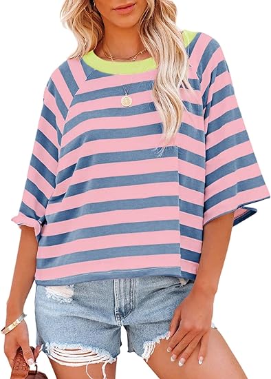 Women's Drop Shoulder Short Sleeve Striped Casual T-Shirts (Buy 3 Free Shipping)
