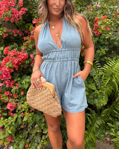 Women's Adjustable Back Tie Halter Denim Romper (Buy 2 Free Shipping)