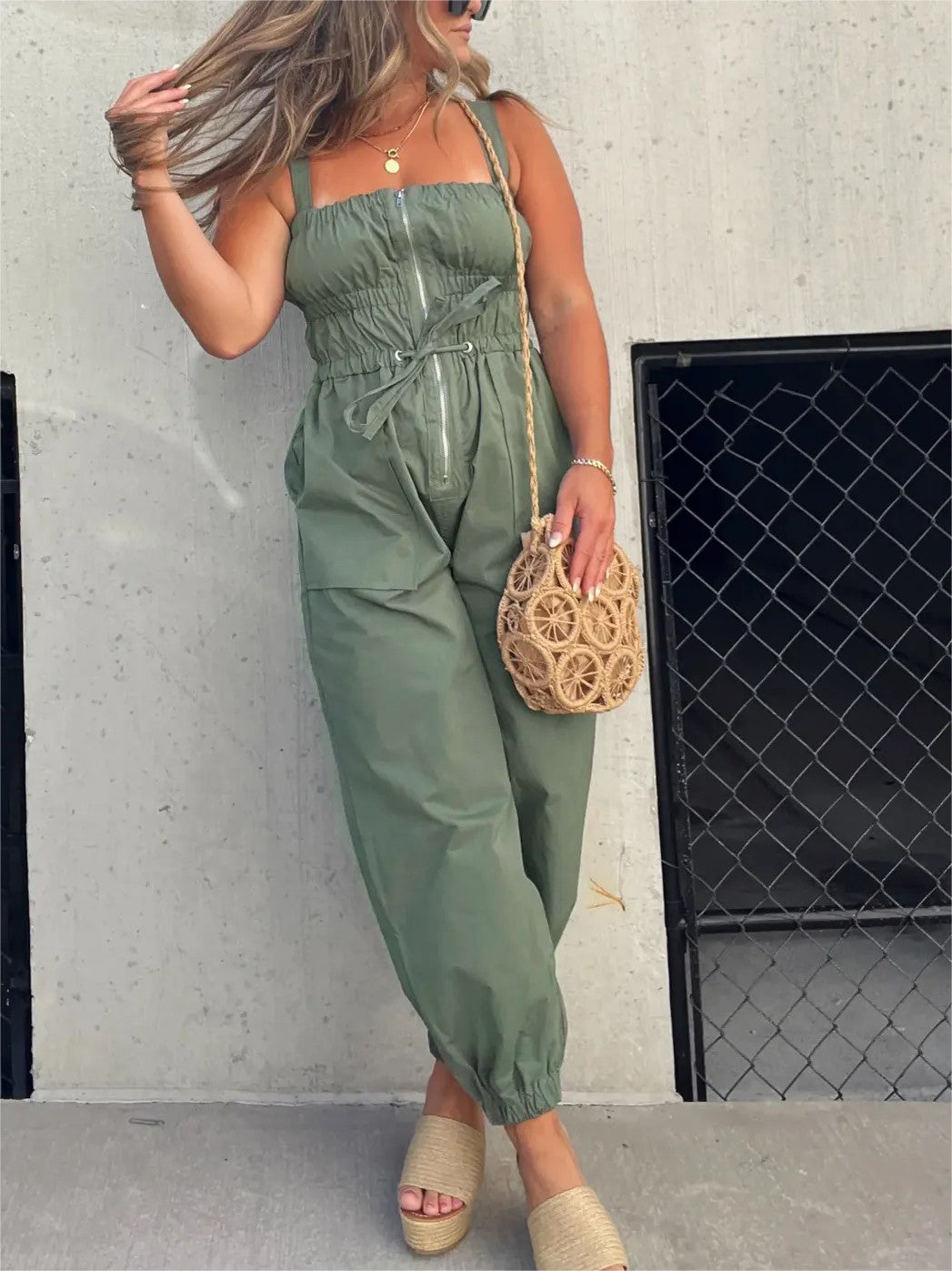 Ruched Elastic Front Zipper Cargo Jumpsuit (Buy 2 Free Shipping)