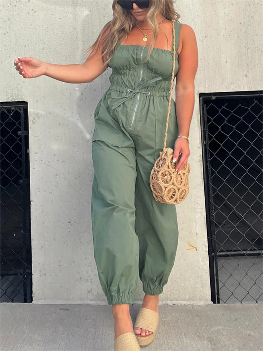 Ruched Elastic Front Zipper Cargo Jumpsuit (Buy 2 Free Shipping)