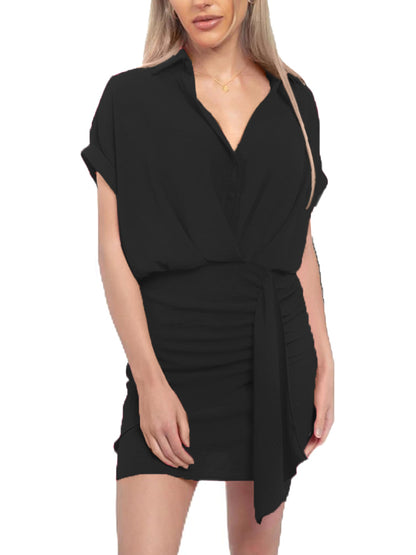 Women's V Neck Shirt Wrap Dress with Ruched Detail (Buy 2 Free Shipping)