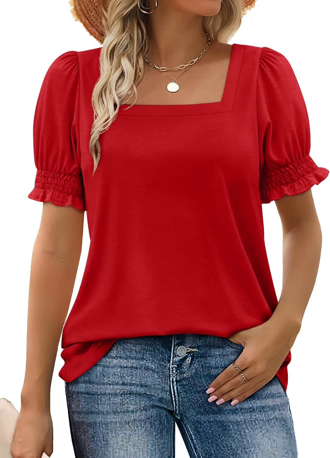 Women's Square Neck Smocked Sleeve Casual Tops (Buy 3 Free Shipping)