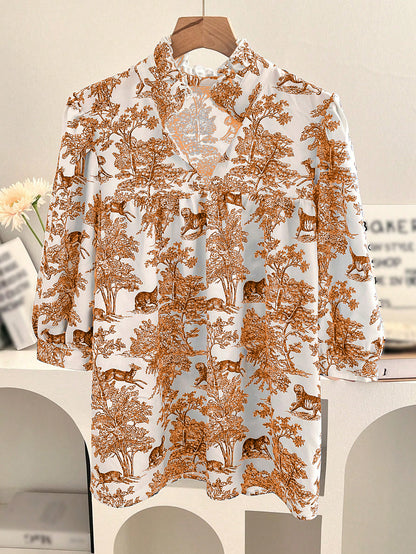 Women's V-neck Ruffle Collar Printed Shirts (Buy 2 Free Shipping)