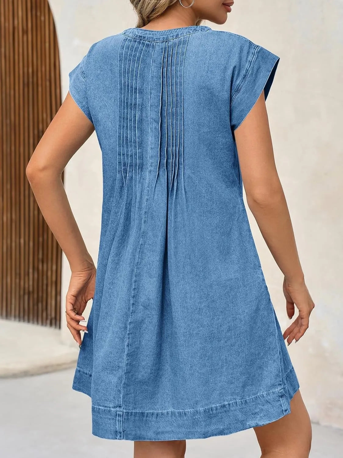 Women's V-neck Pleated Denim Dress with Pockets (Buy 2 Free Shipping)