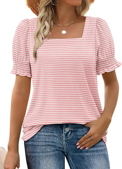 Women's Square Neck Smocked Sleeve Casual Tops (Buy 3 Free Shipping)