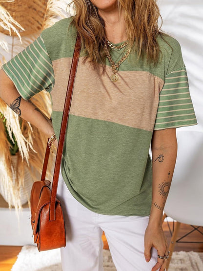 Women's Casual Crewneck Color Block Striped T-shirt (Buy 3 Free Shipping)