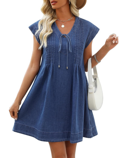 Women's V-neck Pleated Denim Dress with Pockets (Buy 2 Free Shipping)