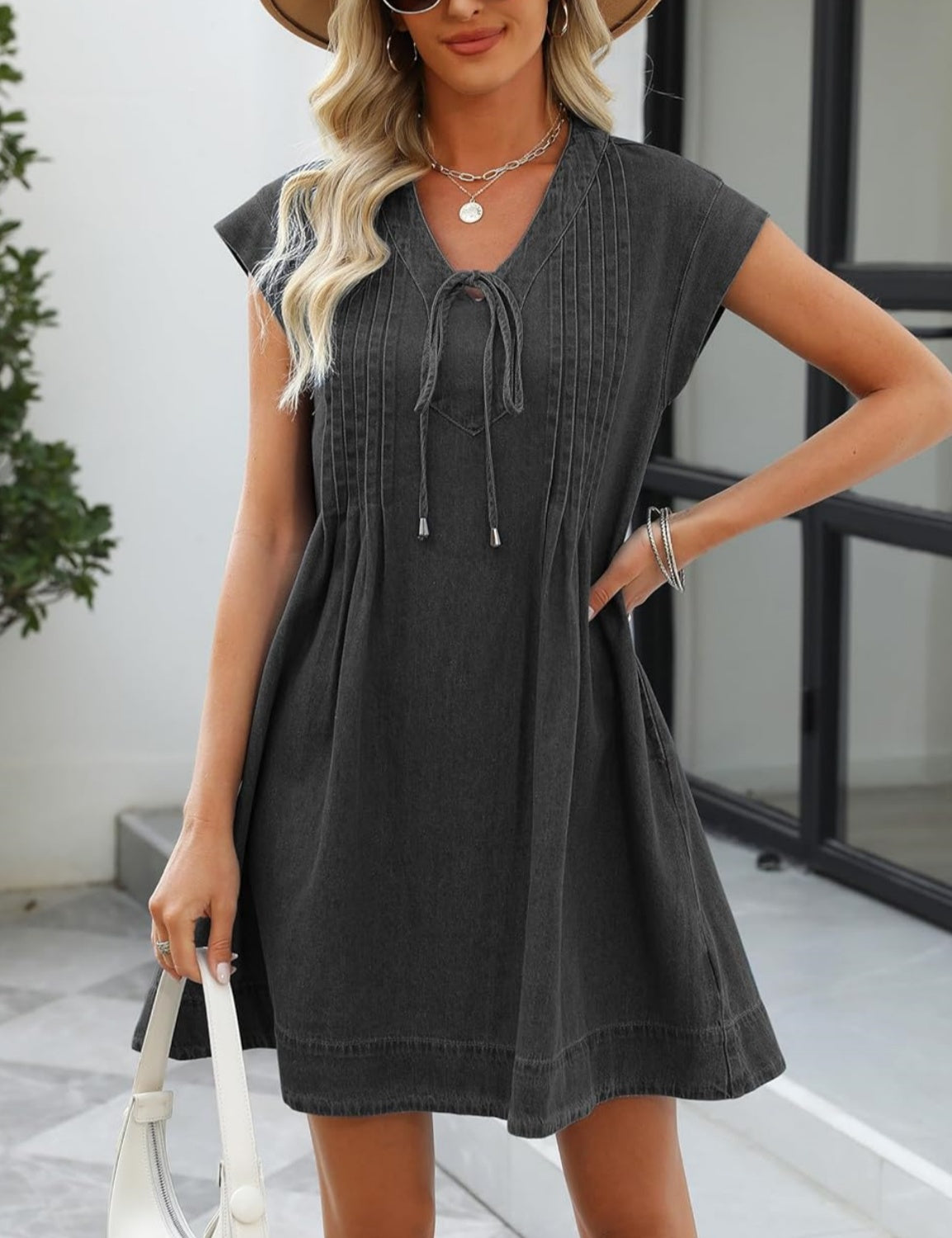 Women's V-neck Pleated Denim Dress with Pockets (Buy 2 Free Shipping)